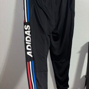 Adidas Black Track Pants with Red and Blue Stripes